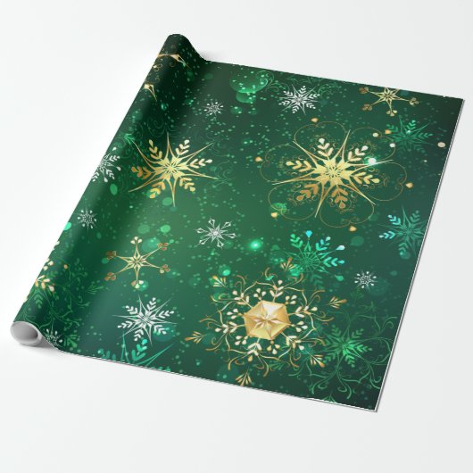 Xmas Golden Snowflakes op groene achtergrond Cadeaupapier (Uitgerold)