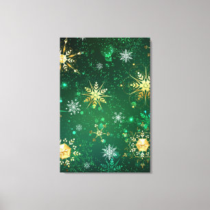 Xmas Golden Snowflakes op groene achtergrond Canvas Afdruk