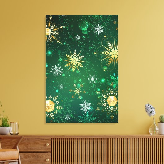 Xmas Golden Snowflakes op groene achtergrond Canvas Afdruk (Insitu (Woonkamer))