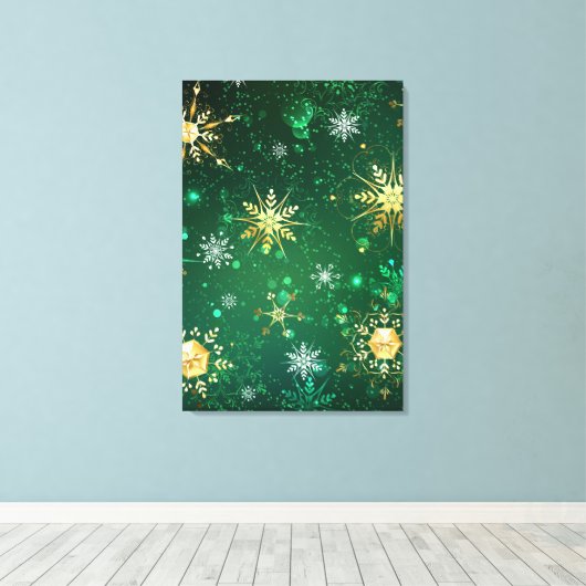 Xmas Golden Snowflakes op groene achtergrond Canvas Afdruk (Insitu (Houten vloer))