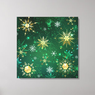 Xmas Golden Snowflakes op groene achtergrond Canvas Afdruk