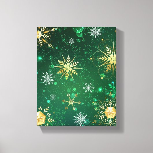 Xmas Golden Snowflakes op groene achtergrond Canvas Afdruk (Voorkant)