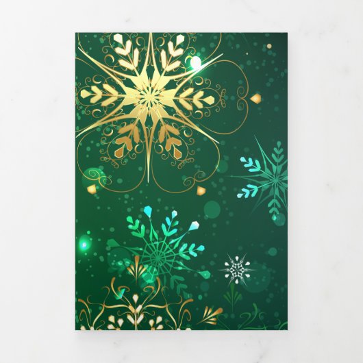 Xmas Golden Snowflakes op groene achtergrond Drieluik Kaart (Cover)