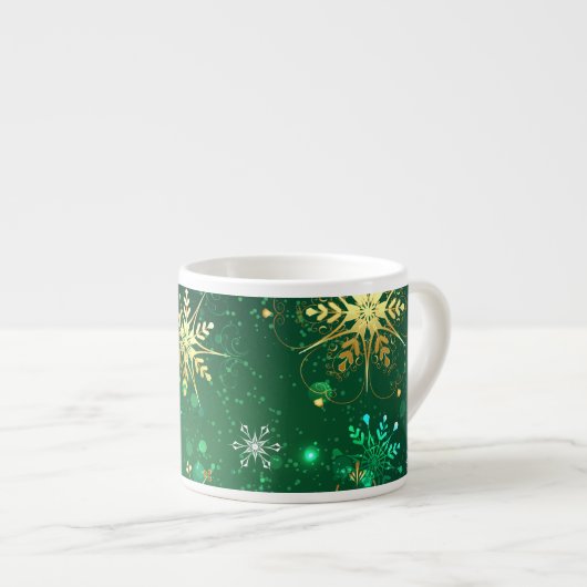 Xmas Golden Snowflakes op groene achtergrond Espresso Kop (Voorkant rechts)