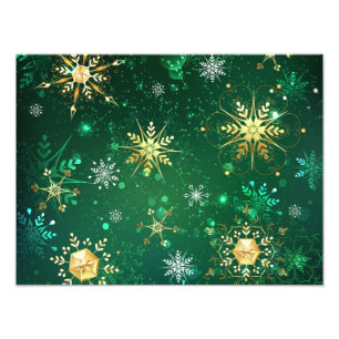 Xmas Golden Snowflakes op groene achtergrond Foto Afdruk