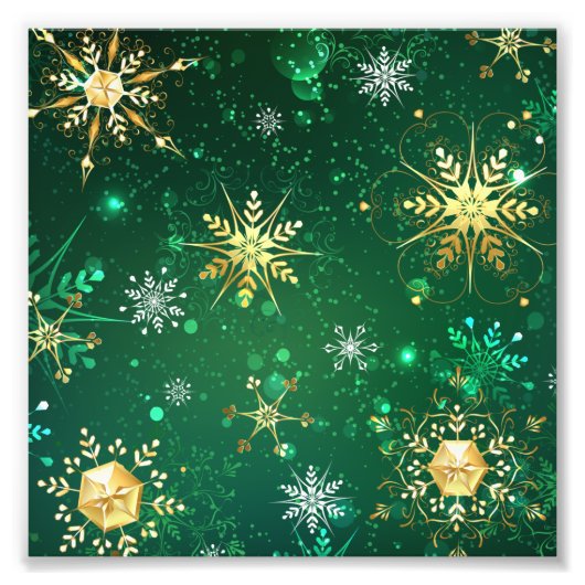 Xmas Golden Snowflakes op groene achtergrond Foto Afdruk (Voorkant)