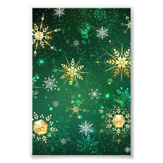 Xmas Golden Snowflakes op groene achtergrond Foto Afdruk (Voorkant)