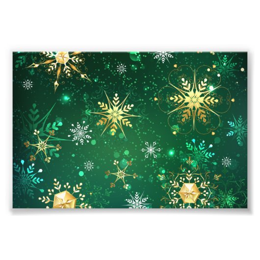 Xmas Golden Snowflakes op groene achtergrond Foto Afdruk (Voorkant)