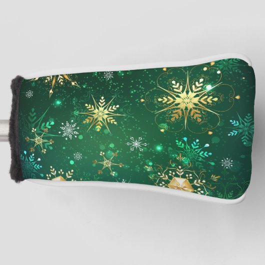 Xmas Golden Snowflakes op groene achtergrond Golfheadcover (Voorkant)