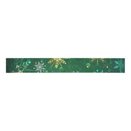 Xmas Golden Snowflakes op groene achtergrond Grosgrain Lint (Voorkant)