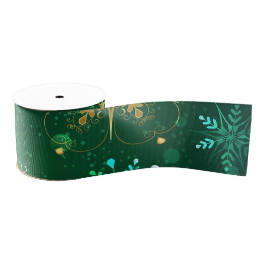 Xmas Golden Snowflakes op groene achtergrond Grosgrain Lint (Spoel)