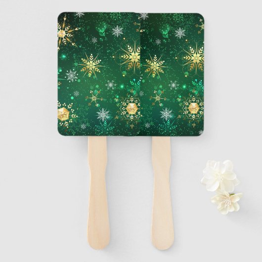 Xmas Golden Snowflakes op groene achtergrond Handwaaier (Voorkant en achterkant)
