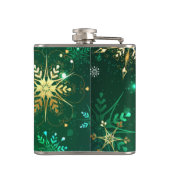 Xmas Golden Snowflakes op groene achtergrond Heupfles (Achterkant)
