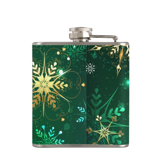 Xmas Golden Snowflakes op groene achtergrond Heupfles (Achterkant)