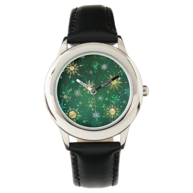 Xmas Golden Snowflakes op groene achtergrond Horloge (Voorkant)