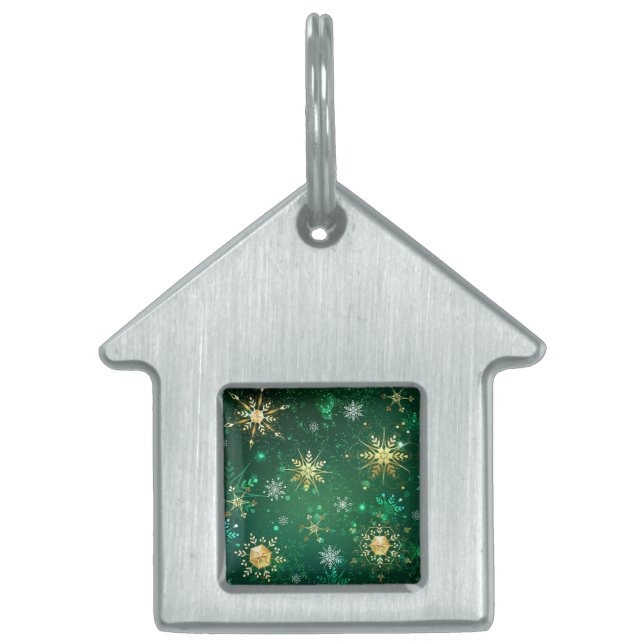 Xmas Golden Snowflakes op groene achtergrond Huisdieren Naamplaatje (Voorkant)