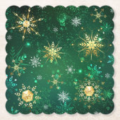 Xmas Golden Snowflakes op groene achtergrond Kartonnen Onderzetters (Voorkant)