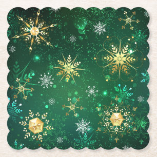 Xmas Golden Snowflakes op groene achtergrond Kartonnen Onderzetters