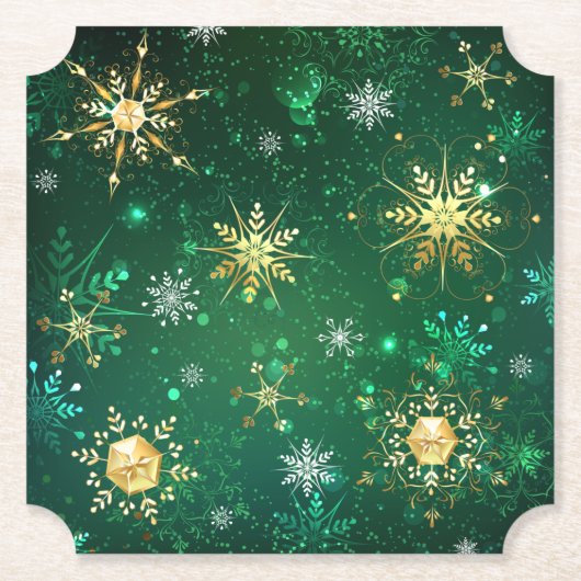 Xmas Golden Snowflakes op groene achtergrond Kartonnen Onderzetters (Voorkant)