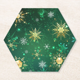 Xmas Golden Snowflakes op groene achtergrond Kartonnen Onderzetters