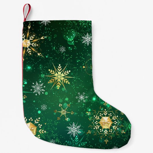Xmas Golden Snowflakes op groene achtergrond Kleine Kerstsok (Voorkant)