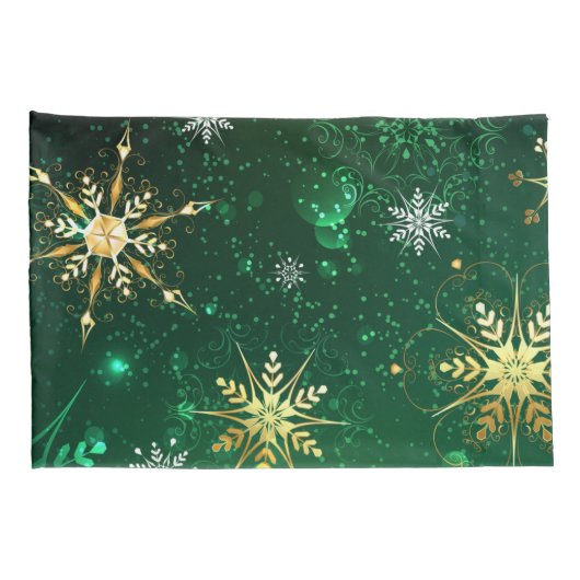 Xmas Golden Snowflakes op groene achtergrond Kussensloop (Achterkant-Rechts)