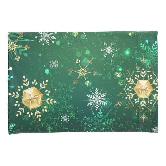 Xmas Golden Snowflakes op groene achtergrond Kussensloop (Voorkant-Rechts)
