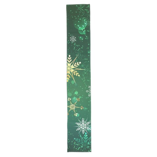 Xmas Golden Snowflakes op groene achtergrond Lange Tafelloper (Voorkant)