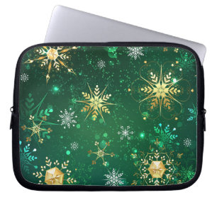 Xmas Golden Snowflakes op groene achtergrond Laptop Sleeve