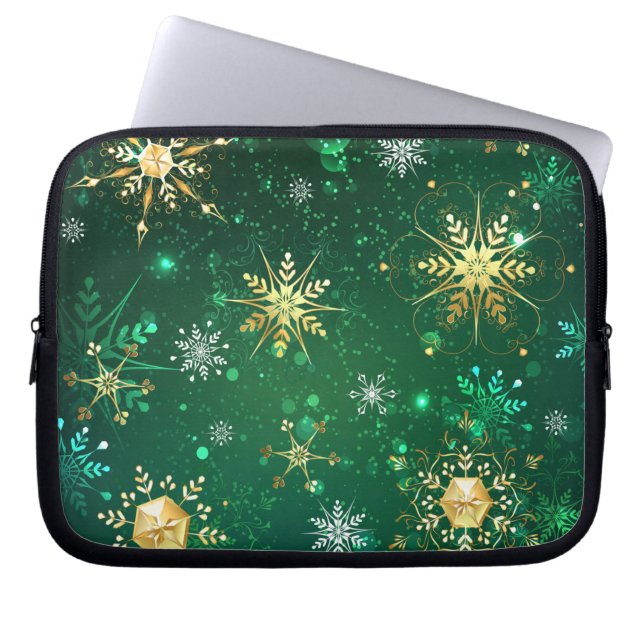Xmas Golden Snowflakes op groene achtergrond Laptop Sleeve (Voorkant)