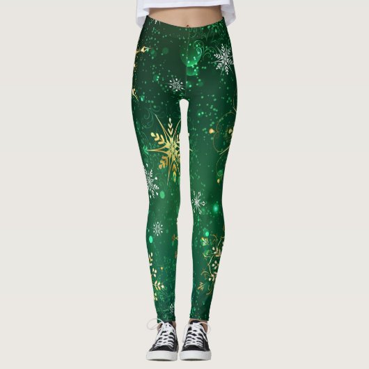 Xmas Golden Snowflakes op groene achtergrond Leggings (Voorkant)