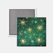 Xmas Golden Snowflakes op groene achtergrond Magneet (Voorkant / Achterkant)