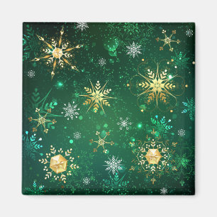 Xmas Golden Snowflakes op groene achtergrond Magneet