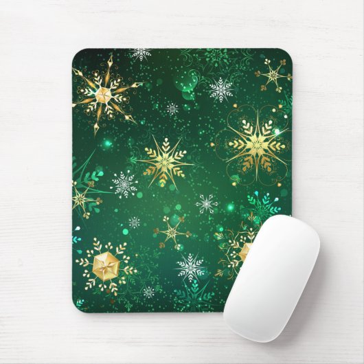 Xmas Golden Snowflakes op groene achtergrond Muismat (Met muis)