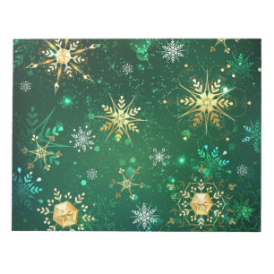 Xmas Golden Snowflakes op groene achtergrond Notitieblok