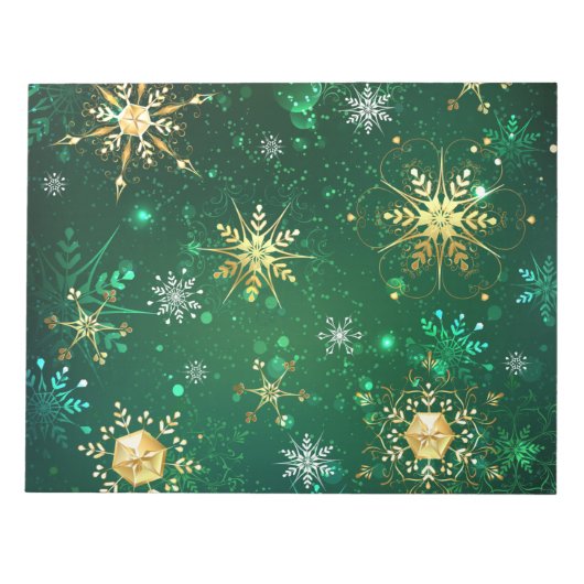 Xmas Golden Snowflakes op groene achtergrond Notitieblok (Voorkant)