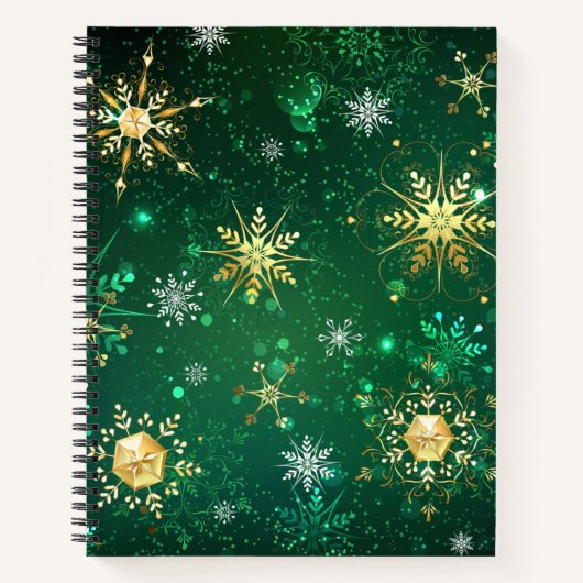 Xmas Golden Snowflakes op groene achtergrond Notitieboek (Voorkant)