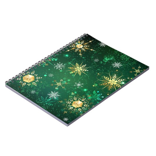 Xmas Golden Snowflakes op groene achtergrond Notitieboek (Linkerzijde)
