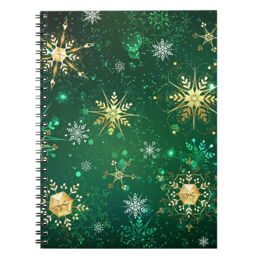 Xmas Golden Snowflakes op groene achtergrond Notitieboek (Voorkant)