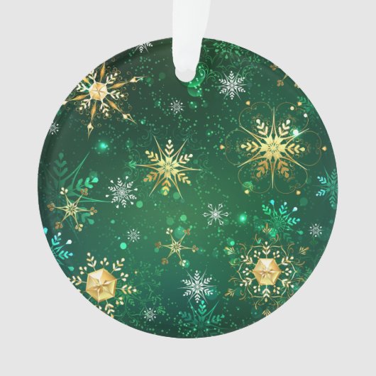 Xmas Golden Snowflakes op groene achtergrond Ornament (voorkant)