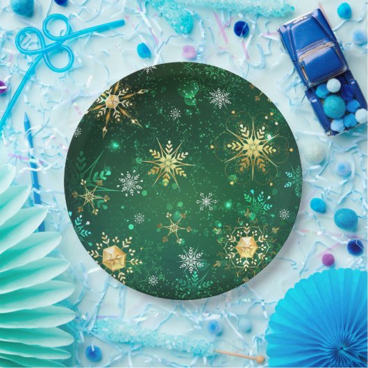 Xmas Golden Snowflakes op groene achtergrond Papieren Bordje (Feest)