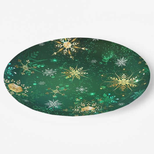 Xmas Golden Snowflakes op groene achtergrond Papieren Bordje (Gekanteld)