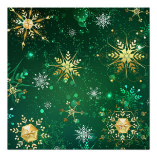 Xmas Golden Snowflakes op groene achtergrond Perfect Poster