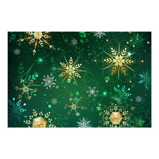 Xmas Golden Snowflakes op groene achtergrond Perfect Poster (Voorkant)