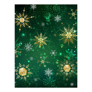 Xmas Golden Snowflakes op groene achtergrond Perfect Poster