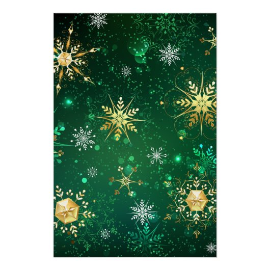 Xmas Golden Snowflakes op groene achtergrond Perfect Poster (Voorkant)