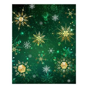 Xmas Golden Snowflakes op groene achtergrond Perfect Poster