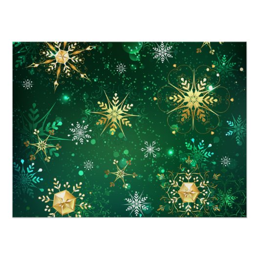 Xmas Golden Snowflakes op groene achtergrond Perfect Poster (Voorkant)