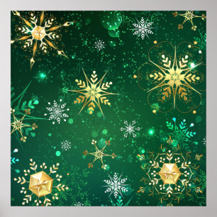 Xmas Golden Snowflakes op groene achtergrond Poster