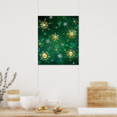 Xmas Golden Snowflakes op groene achtergrond Poster (Keuken)